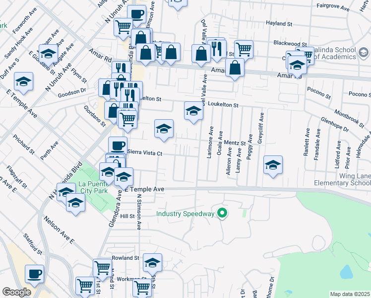 map of restaurants, bars, coffee shops, grocery stores, and more near 15917 Sierra Vista Court in La Puente