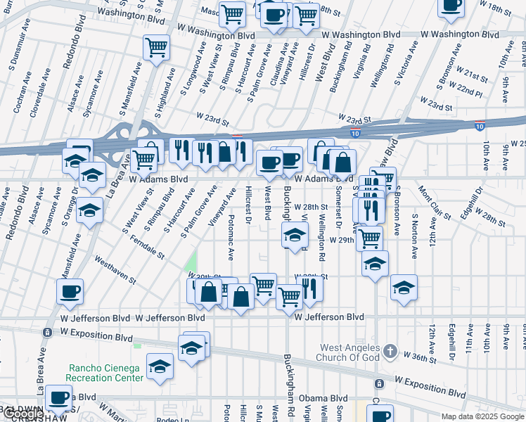 map of restaurants, bars, coffee shops, grocery stores, and more near 2805 West Boulevard in Los Angeles