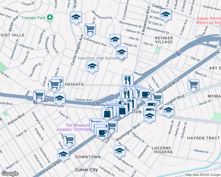 map of restaurants, bars, coffee shops, grocery stores, and more near 3310 South Durango Avenue in Los Angeles