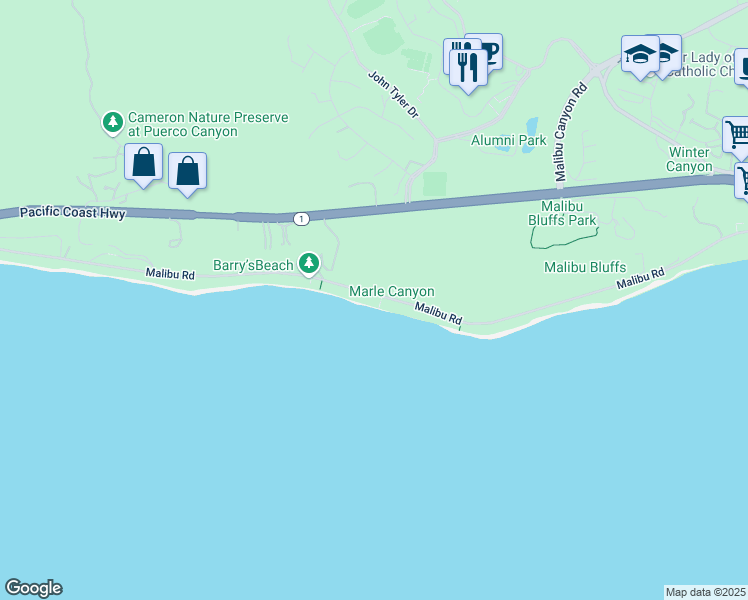 map of restaurants, bars, coffee shops, grocery stores, and more near 24608 Malibu Road in Malibu