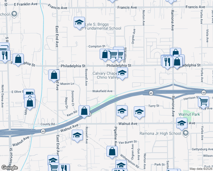 map of restaurants, bars, coffee shops, grocery stores, and more near 4043 Olive Street in Chino