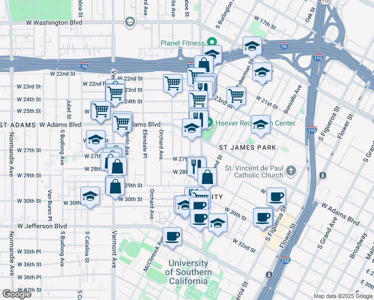 map of restaurants, bars, coffee shops, grocery stores, and more near 2639 Monmouth Avenue in Los Angeles