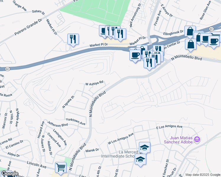 map of restaurants, bars, coffee shops, grocery stores, and more near 1300 North Montebello Boulevard in Montebello