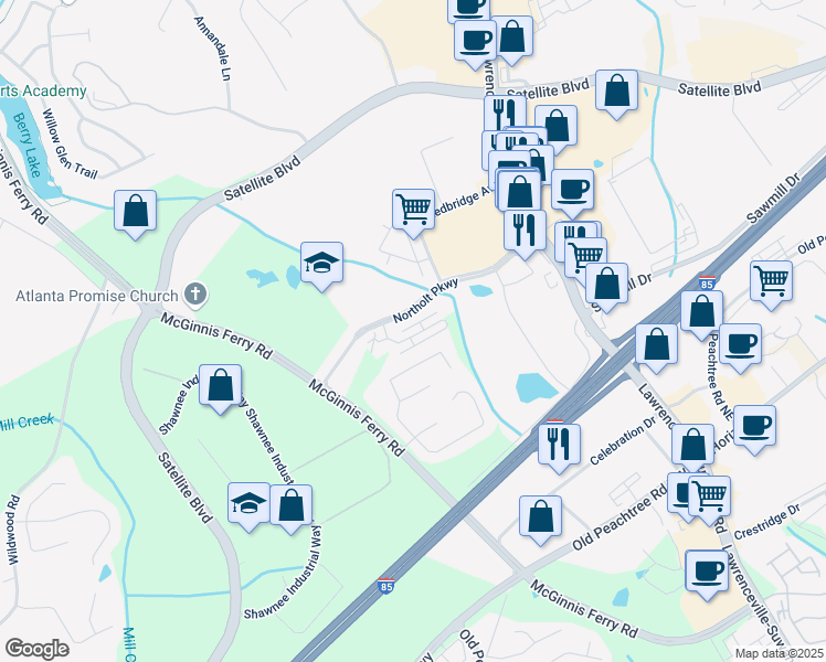 map of restaurants, bars, coffee shops, grocery stores, and more near 371 Northaven Avenue in Suwanee
