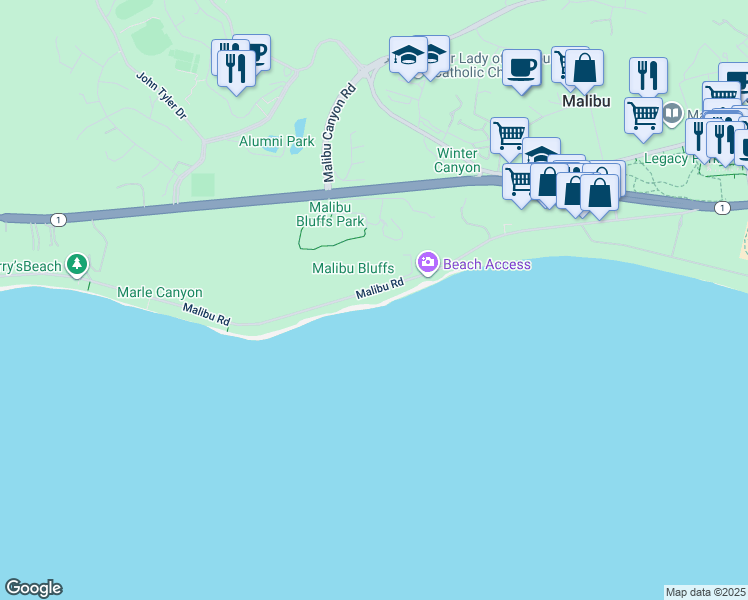map of restaurants, bars, coffee shops, grocery stores, and more near 24146 Malibu Road in Malibu
