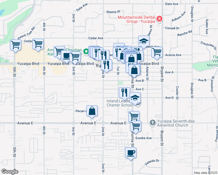 map of restaurants, bars, coffee shops, grocery stores, and more near 34942 Avenue C in Yucaipa