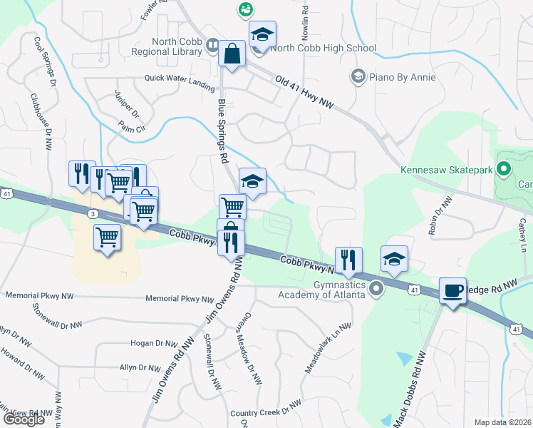 map of restaurants, bars, coffee shops, grocery stores, and more near 3224 Blue Springs Trace in Kennesaw