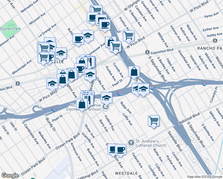map of restaurants, bars, coffee shops, grocery stores, and more near 2511 Butler Avenue in Los Angeles