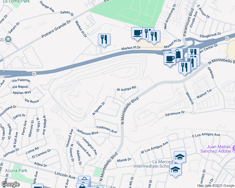 map of restaurants, bars, coffee shops, grocery stores, and more near 828 West Liberty Avenue in Montebello