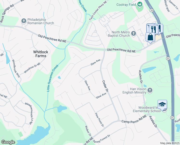 map of restaurants, bars, coffee shops, grocery stores, and more near 742 Cedar Farms Drive in Lawrenceville