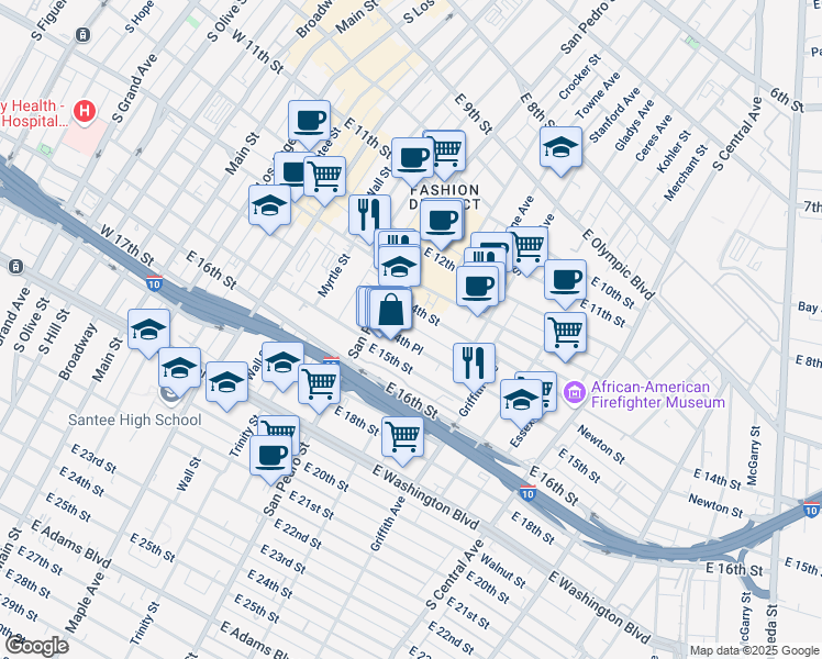 map of restaurants, bars, coffee shops, grocery stores, and more near 122 East 14th Place in Los Angeles