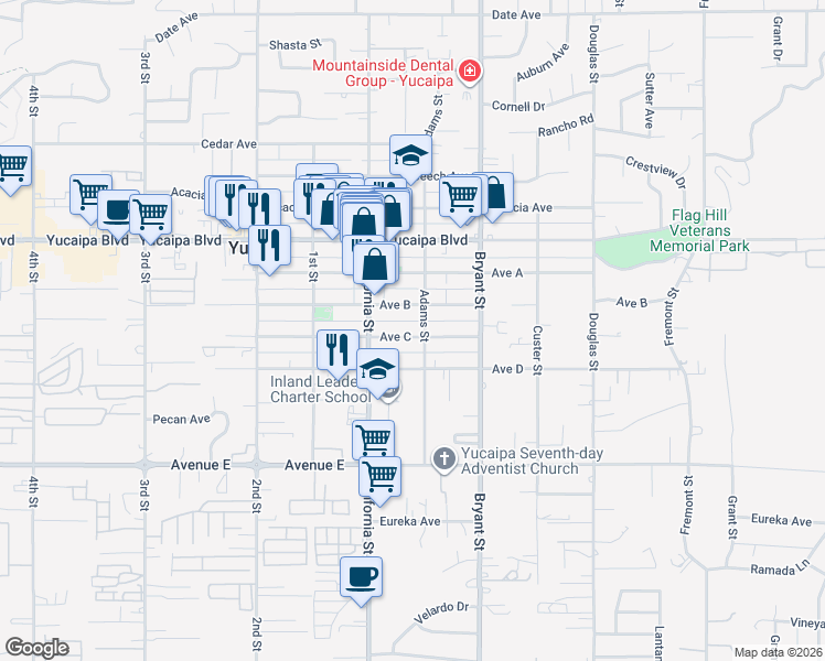 map of restaurants, bars, coffee shops, grocery stores, and more near 35178 Avenue C in Yucaipa