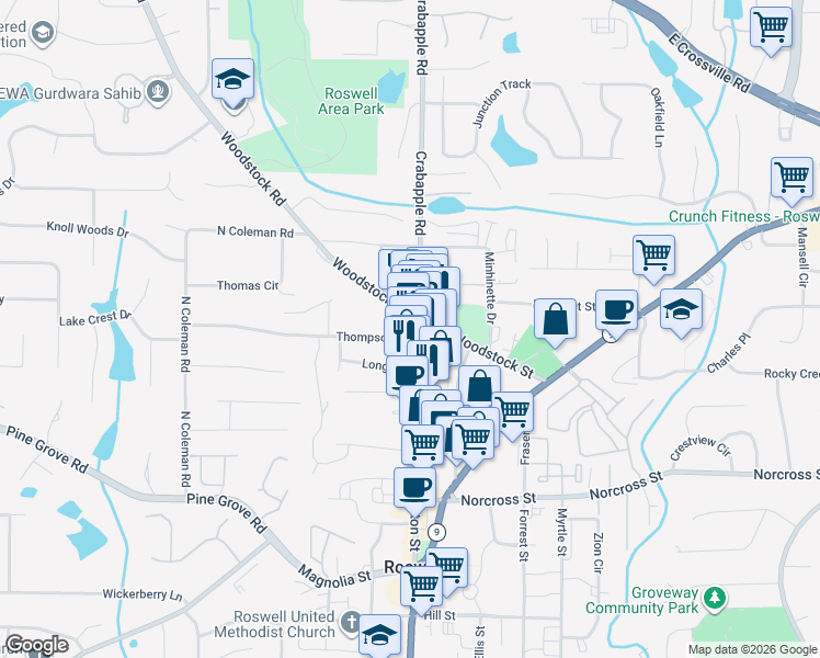 map of restaurants, bars, coffee shops, grocery stores, and more near 1164 Canton Street in Roswell