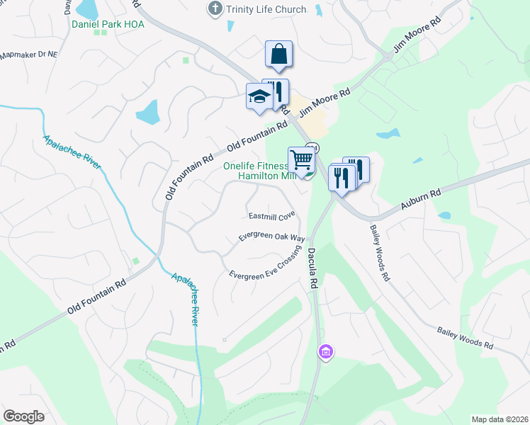 map of restaurants, bars, coffee shops, grocery stores, and more near 1117 Eastmill Cove in Dacula