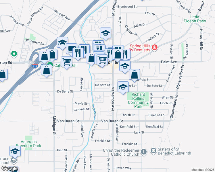 map of restaurants, bars, coffee shops, grocery stores, and more near 22436 De Berry Street in Grand Terrace