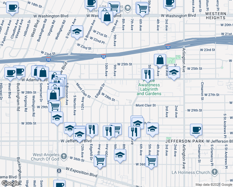 map of restaurants, bars, coffee shops, grocery stores, and more near 3844 West 27th Street in Los Angeles