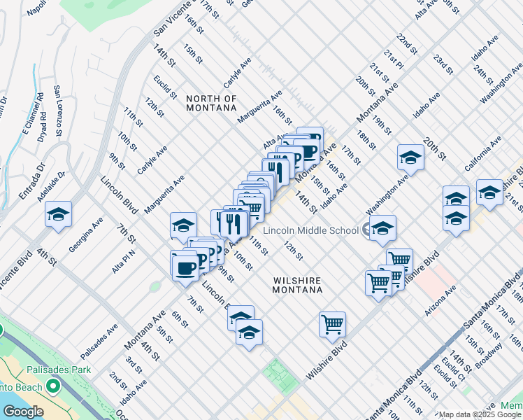 map of restaurants, bars, coffee shops, grocery stores, and more near 1134 Montana Avenue in Santa Monica