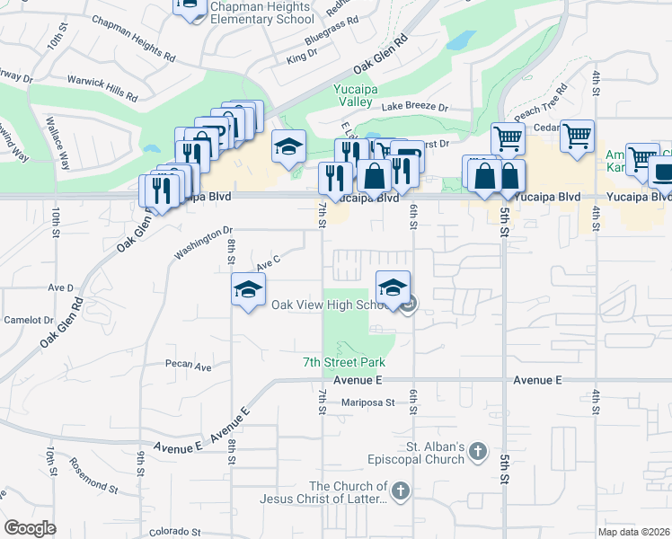 map of restaurants, bars, coffee shops, grocery stores, and more near 12260 Amaryllis Lane in Yucaipa