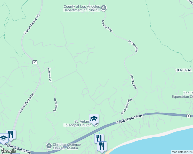 map of restaurants, bars, coffee shops, grocery stores, and more near 6096 Ramirez Canyon Road in Malibu