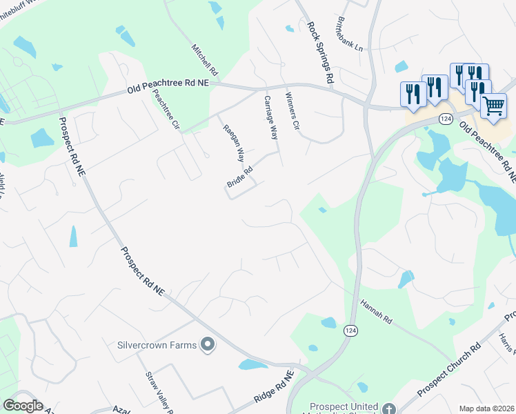 map of restaurants, bars, coffee shops, grocery stores, and more near 1921 Shady Creek Lane Northeast in Lawrenceville