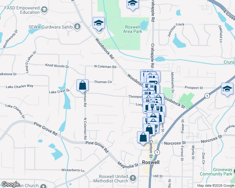 map of restaurants, bars, coffee shops, grocery stores, and more near 165 Thompson Place in Roswell