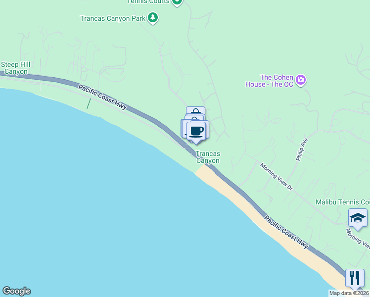 map of restaurants, bars, coffee shops, grocery stores, and more near Broad Beach Road in Malibu