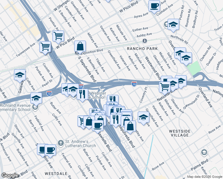 map of restaurants, bars, coffee shops, grocery stores, and more near 2744 South Bentley Avenue in Los Angeles