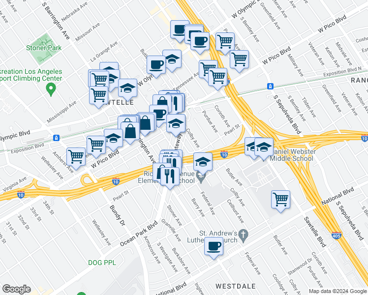map of restaurants, bars, coffee shops, grocery stores, and more near 2477 Coolidge Avenue in Los Angeles