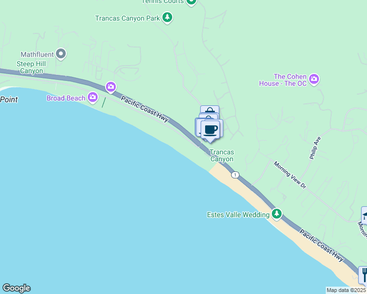 map of restaurants, bars, coffee shops, grocery stores, and more near 30830 Broad Beach Road in Malibu