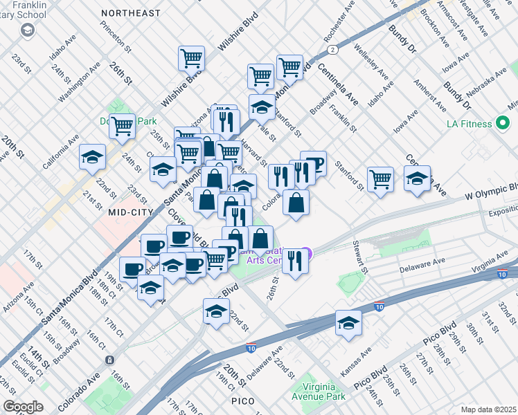 map of restaurants, bars, coffee shops, grocery stores, and more near in Santa Monica