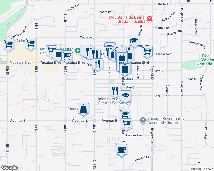 map of restaurants, bars, coffee shops, grocery stores, and more near 34955 Avenue C in Yucaipa