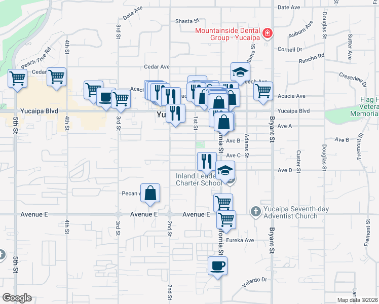 map of restaurants, bars, coffee shops, grocery stores, and more near 34955 Avenue C in Yucaipa