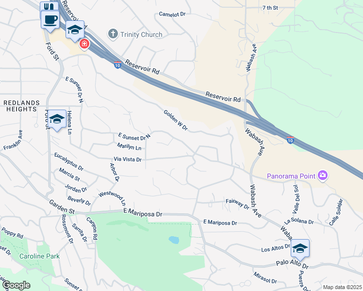 map of restaurants, bars, coffee shops, grocery stores, and more near 620 East Sunset Drive North in Redlands