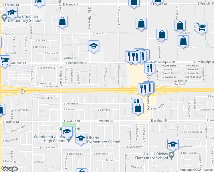 map of restaurants, bars, coffee shops, grocery stores, and more near 2419 South Garfield Place in Ontario