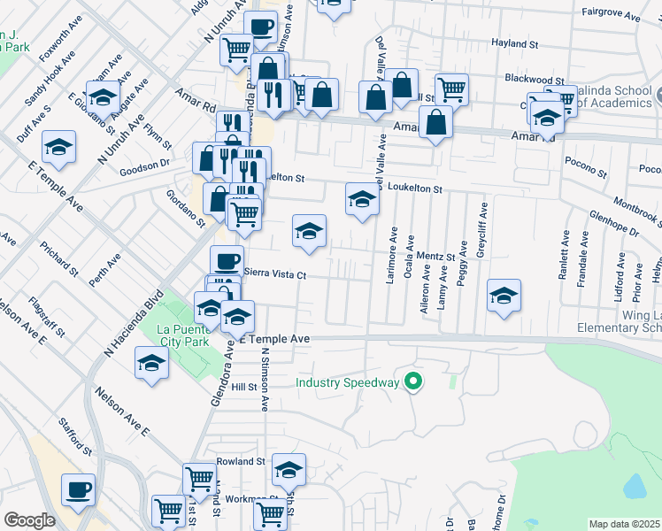 map of restaurants, bars, coffee shops, grocery stores, and more near 665 Gilwood Avenue in La Puente
