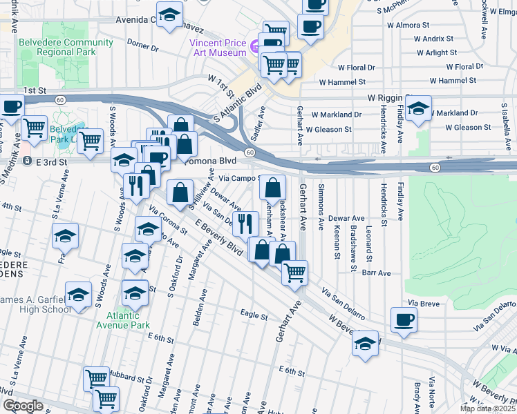 map of restaurants, bars, coffee shops, grocery stores, and more near 5418 Dewar Avenue in Los Angeles
