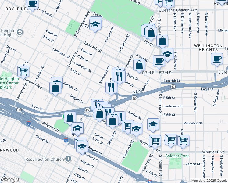 map of restaurants, bars, coffee shops, grocery stores, and more near 612 South Lorena Street in Los Angeles