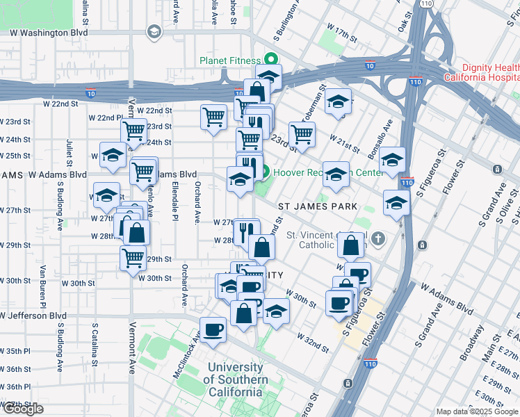 map of restaurants, bars, coffee shops, grocery stores, and more near 2653 Hoover Street in Los Angeles