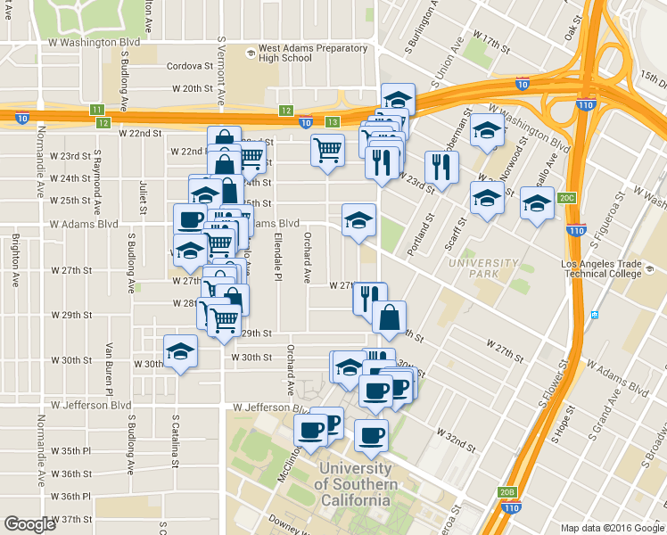 map of restaurants, bars, coffee shops, grocery stores, and more near in Los Angeles