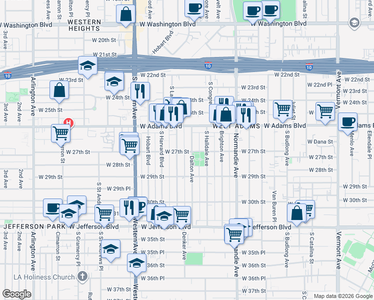 map of restaurants, bars, coffee shops, grocery stores, and more near 2712 South La Salle Avenue in Los Angeles