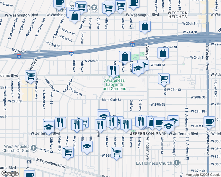 map of restaurants, bars, coffee shops, grocery stores, and more near 3514 West 27th Street in Los Angeles