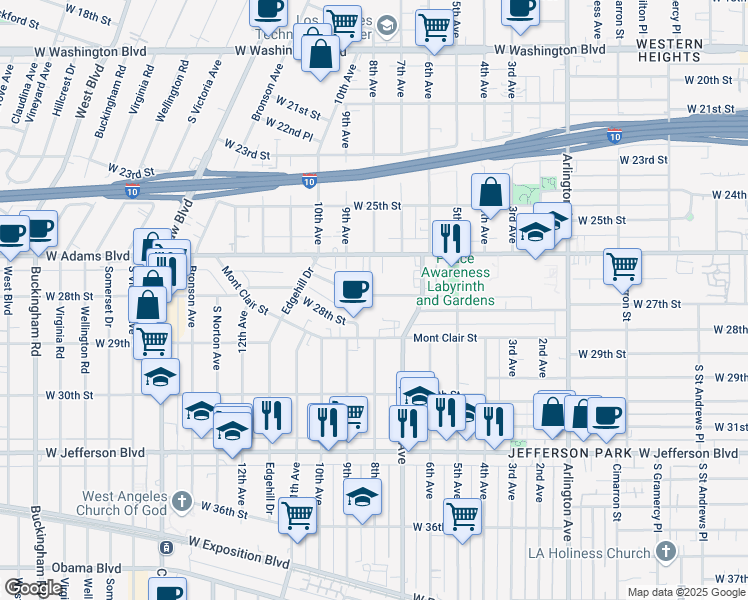 map of restaurants, bars, coffee shops, grocery stores, and more near 3800 West 27th Street in Los Angeles