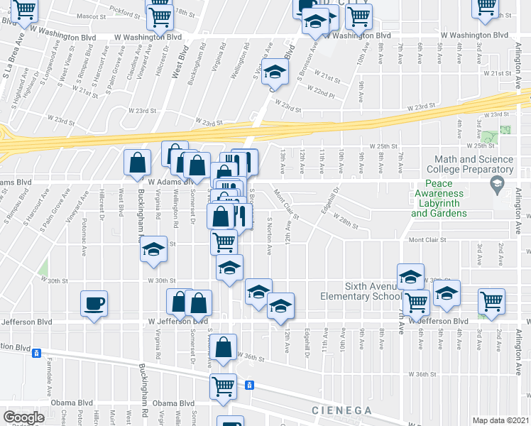 map of restaurants, bars, coffee shops, grocery stores, and more near 2822 South Bronson Avenue in Los Angeles