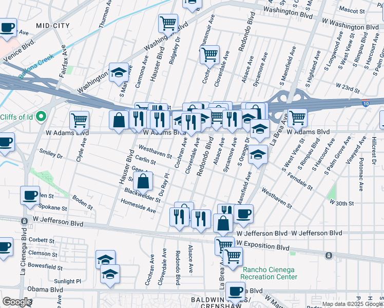 map of restaurants, bars, coffee shops, grocery stores, and more near 2671 South Redondo Boulevard in Los Angeles