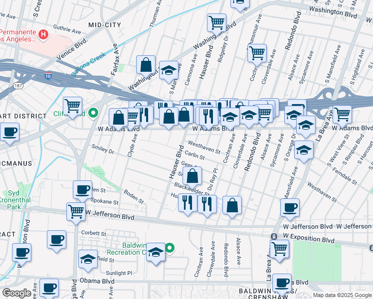 map of restaurants, bars, coffee shops, grocery stores, and more near 5426 Carlin Street in Los Angeles
