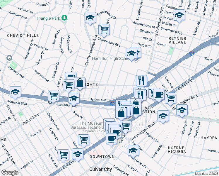 map of restaurants, bars, coffee shops, grocery stores, and more near 3330 South Canfield Avenue in Los Angeles