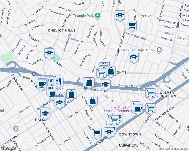map of restaurants, bars, coffee shops, grocery stores, and more near 3431 Club Drive in Los Angeles