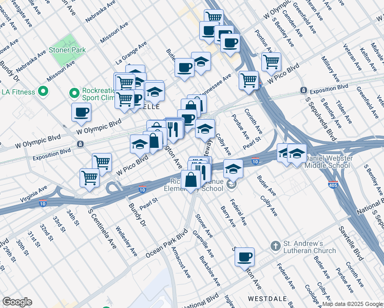 map of restaurants, bars, coffee shops, grocery stores, and more near 11625 Gateway Boulevard in Los Angeles