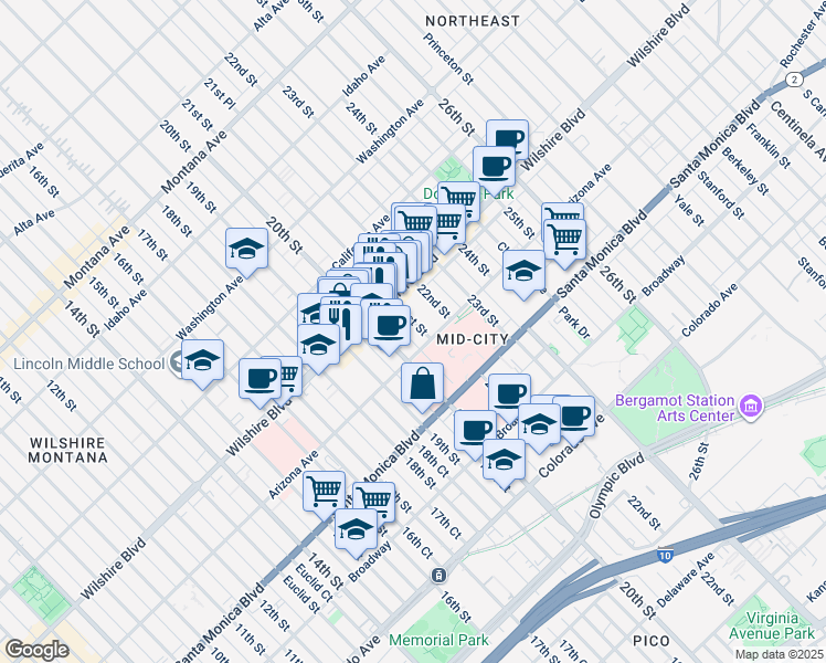 map of restaurants, bars, coffee shops, grocery stores, and more near in Santa Monica
