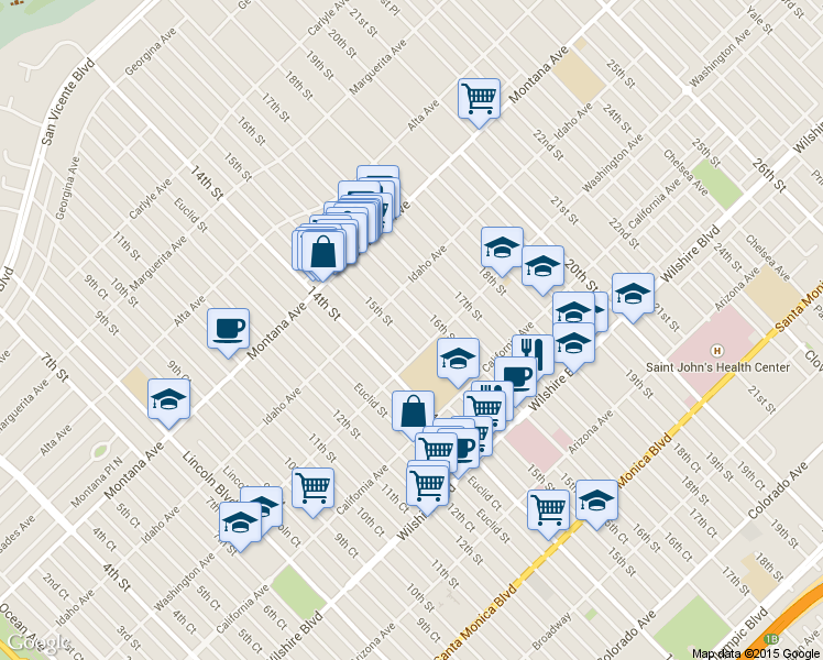 map of restaurants, bars, coffee shops, grocery stores, and more near 1509 Washington Avenue in Santa Monica